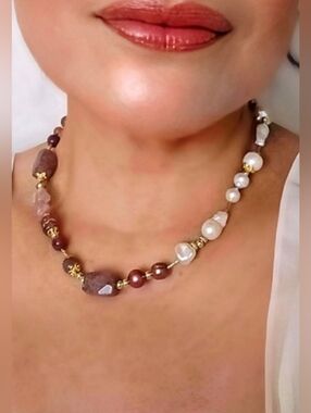 Rusty Pink Strawberry Quartz & White Baroque Pearls In Assymetrical Necklace